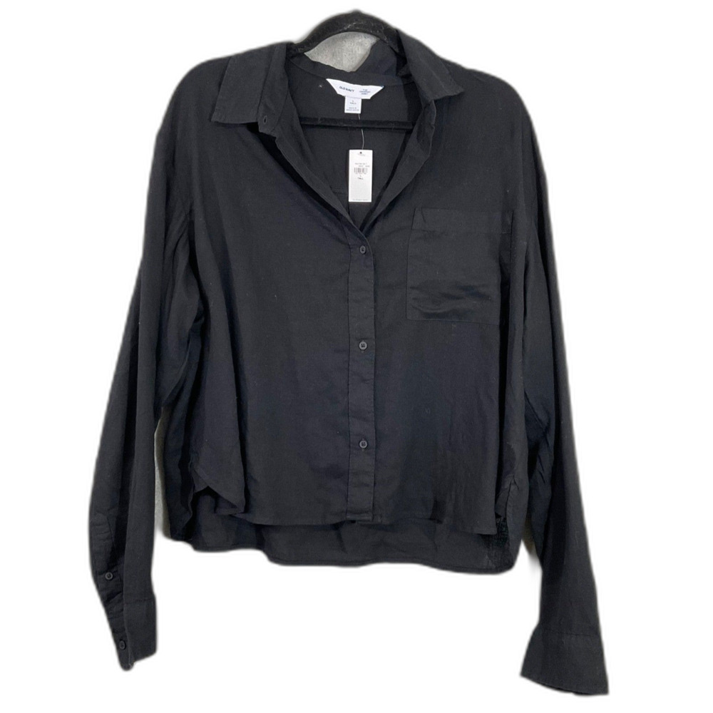 NWT Old Navy Linen Blend Button-Down Cropped Shirt Women's L-Tall  NEW Black